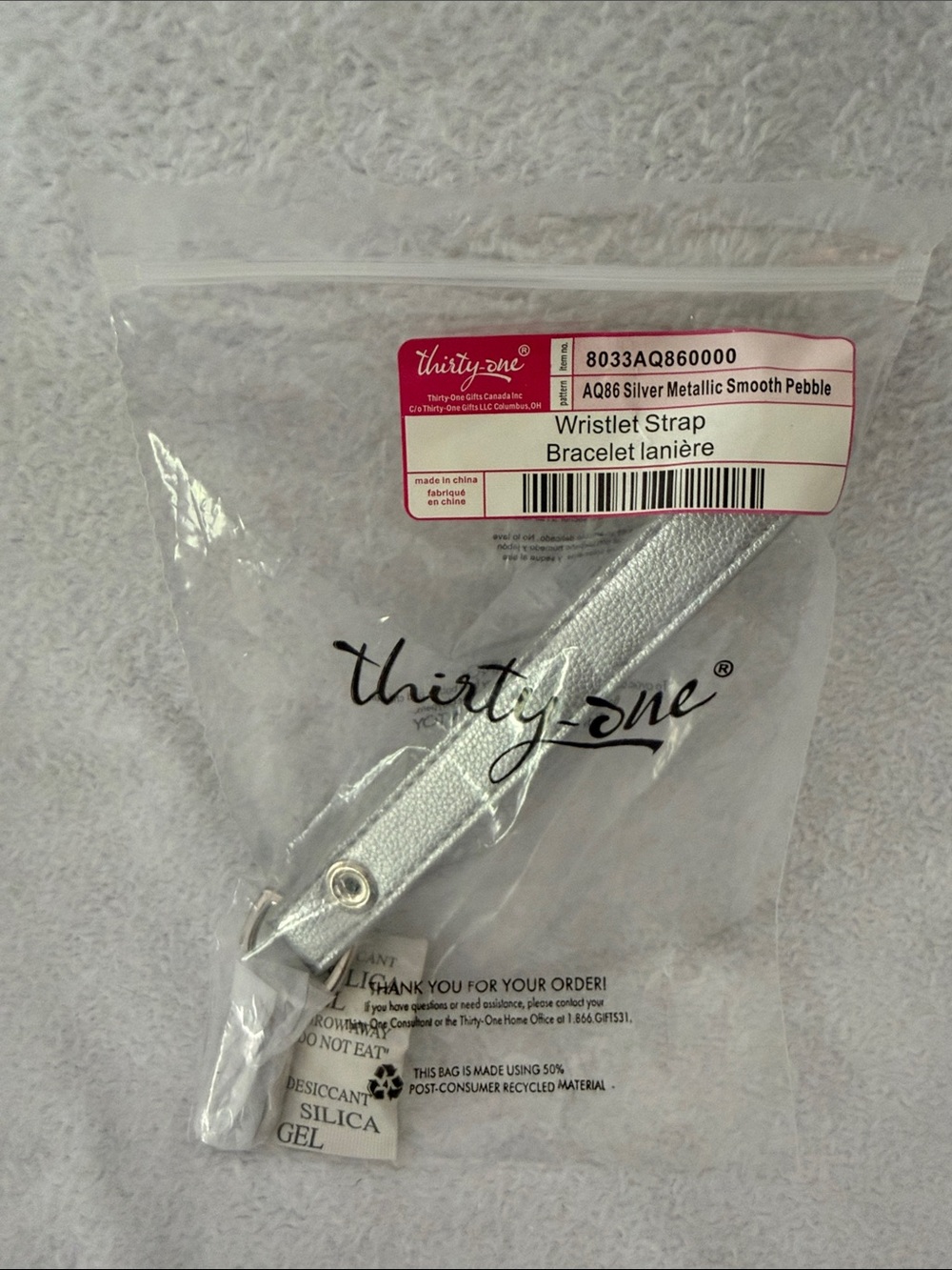 NIP thirty-one Wristlet Strap, Silver Metallic Smooth Pebble